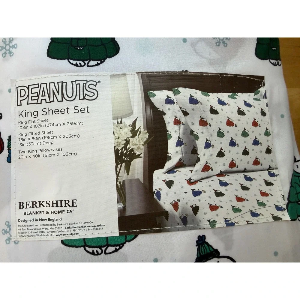 Peanuts Snoopy Woodstock Puffer Jacket King Sheet Set Berkshire Winter Snow NEW